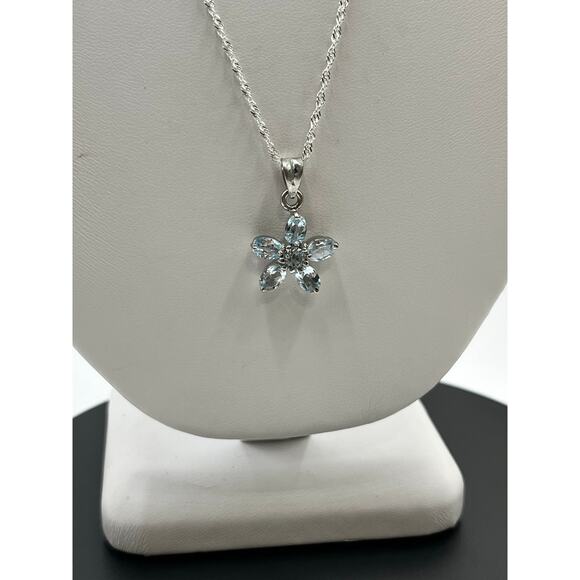 Blue Topaz Marquis Shaped Flower Pendant and Sterling Silver Singapore Chain 20” - Picture 9 of 9